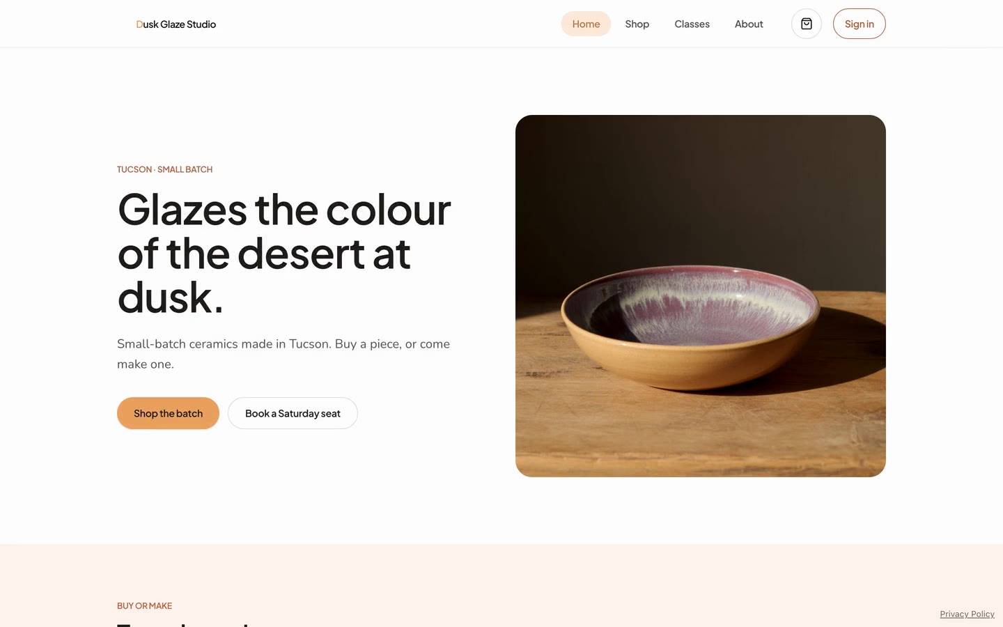 The Helm studio: a founder types what she wants to build, approves the plan, her team builds the site, takes it live, the next phase builds itself, and her bookings and customers arrive in their rooms.